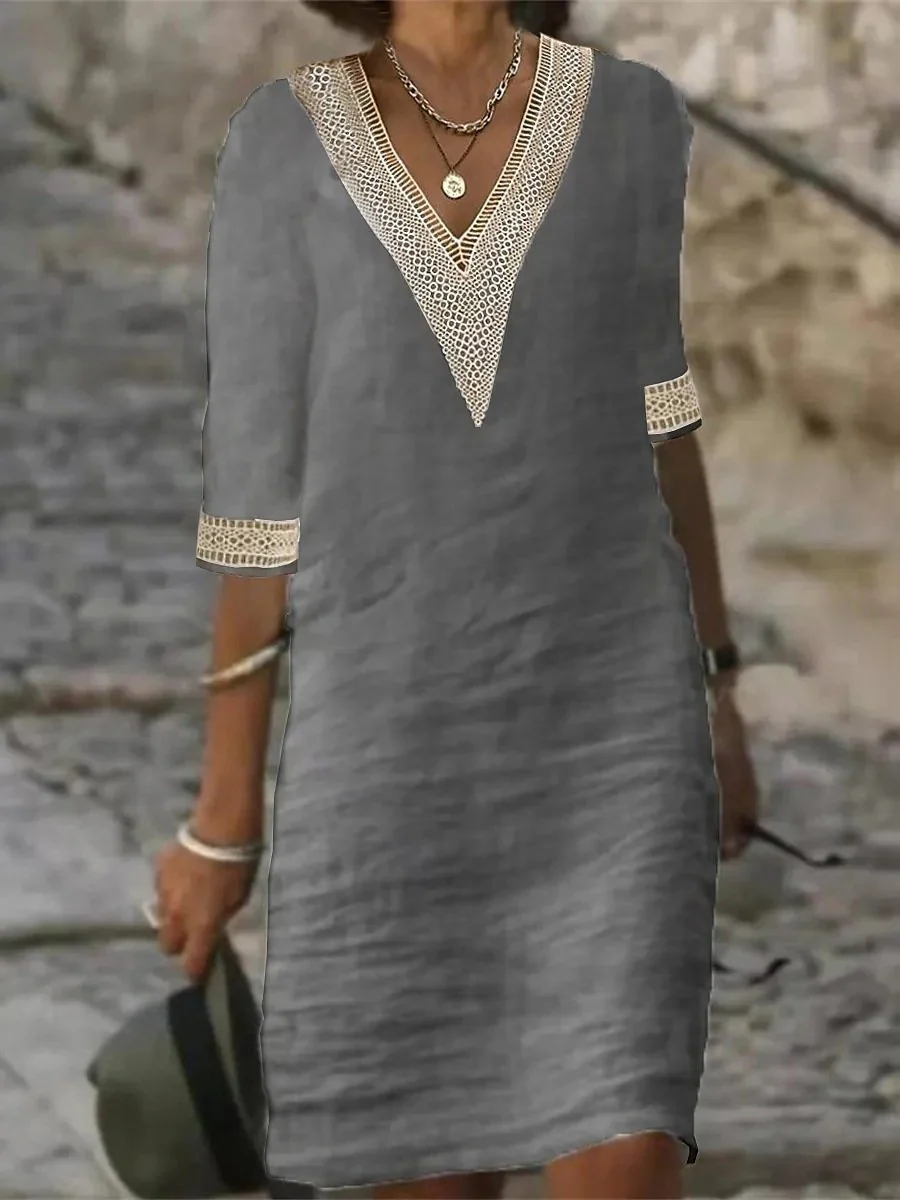 Abito Casual in Misto Lino con Scollo a V e Bordi in Pizzo - Image 2