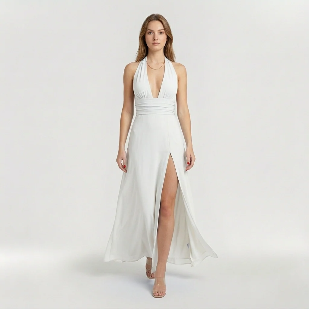 Abito maxi da donna con scollo halter e spacco laterale elegante - Image 3