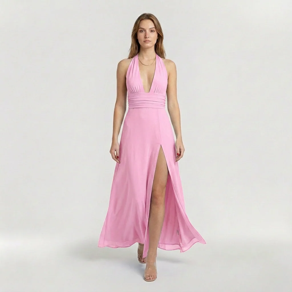 Abito maxi da donna con scollo halter e spacco laterale elegante - Image 4