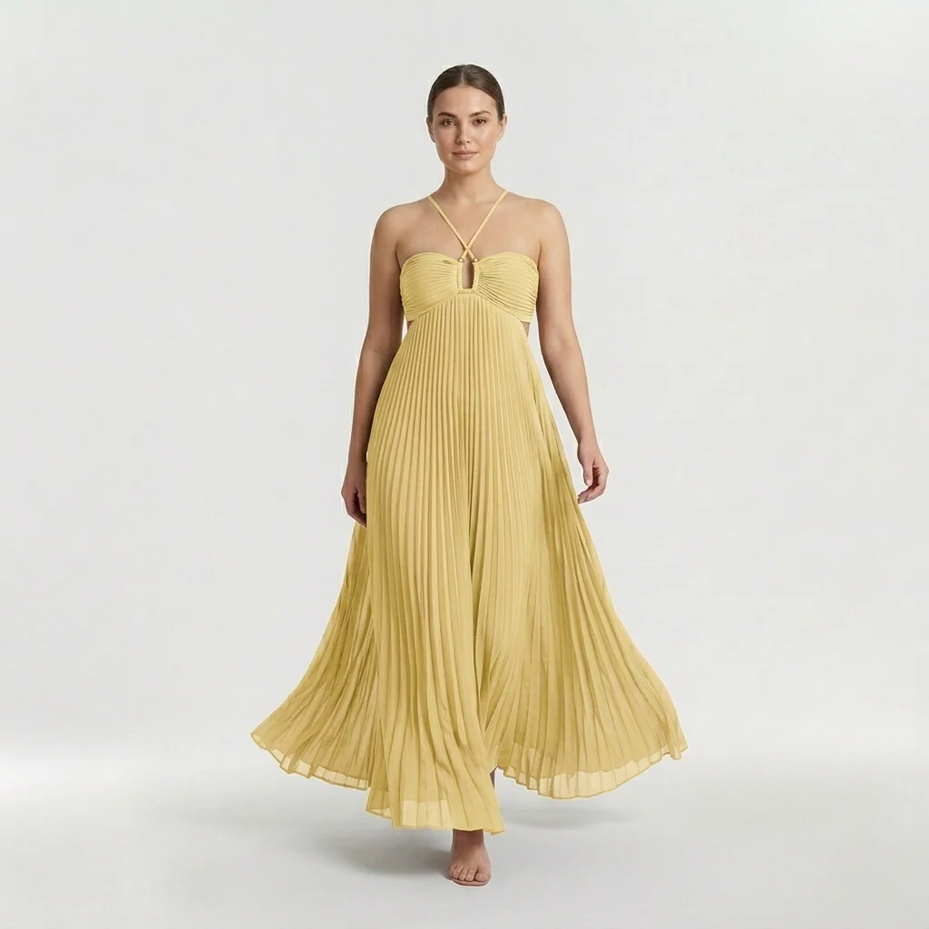 Abito maxi plissettato con scollo halter e schiena scoperta da donna - Image 3