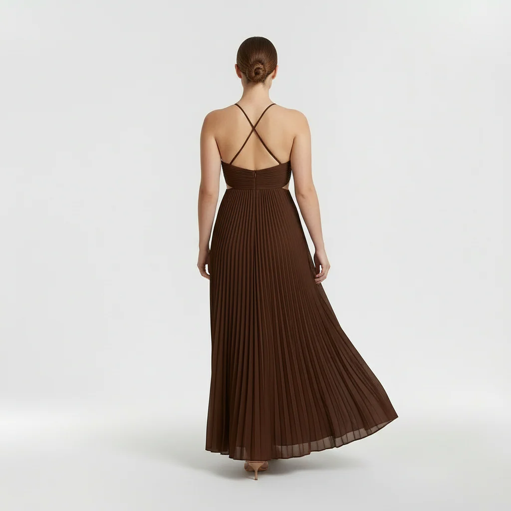 Abito maxi plissettato con scollo halter e schiena scoperta da donna - Image 5