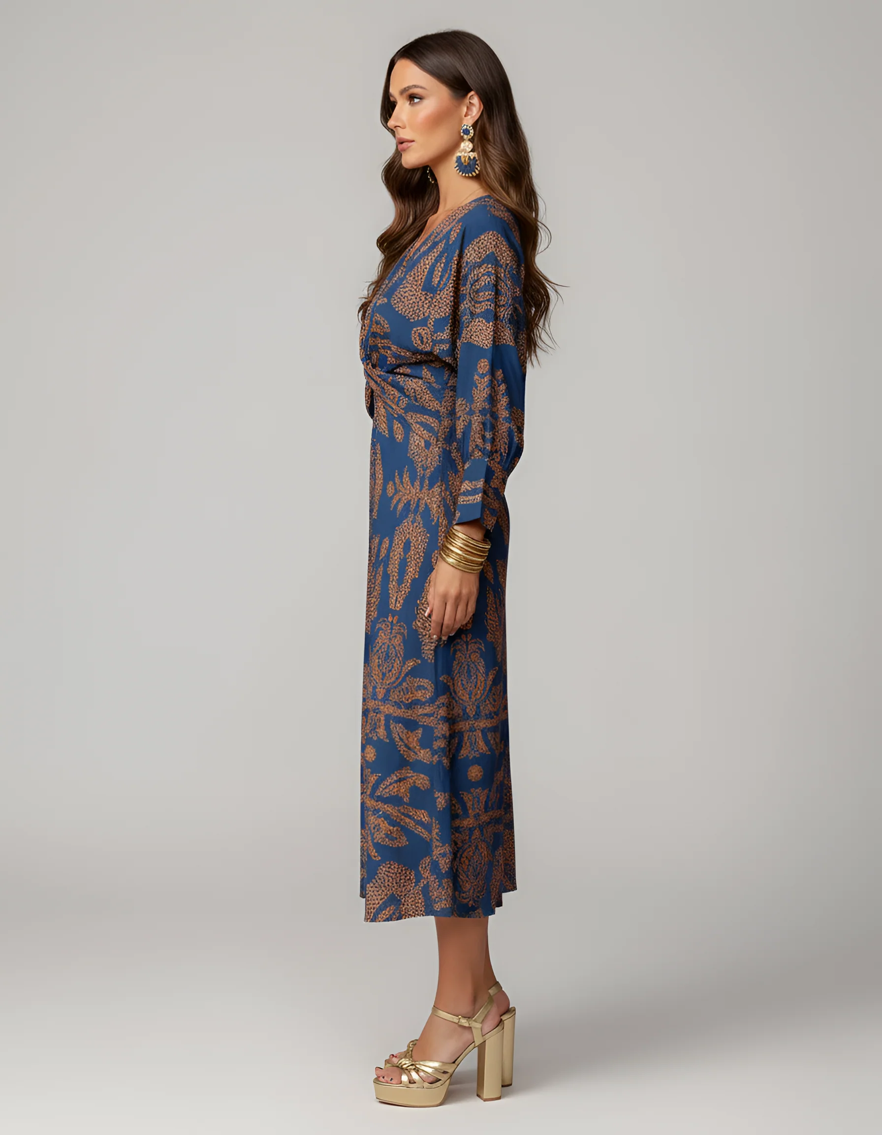 Abito midi donna con scollo a V, maniche lunghe e nodo frontale - Image 2