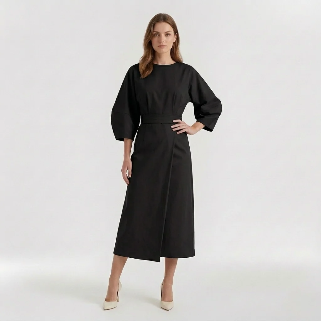 Abito Midi Elegante da Donna a Maniche Lunghe – Vestito Casual Chic con Cintura - Image 2