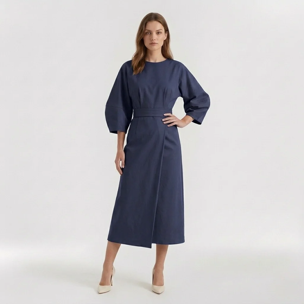 Abito Midi Elegante da Donna a Maniche Lunghe – Vestito Casual Chic con Cintura - Image 3