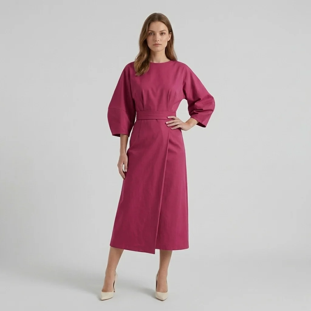 Abito Midi Elegante da Donna a Maniche Lunghe – Vestito Casual Chic con Cintura - Image 6
