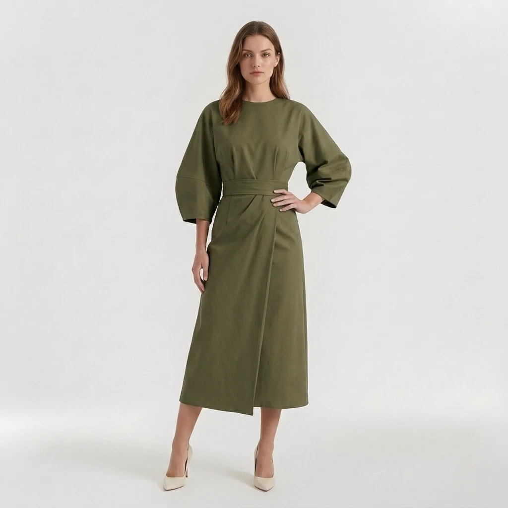 Abito Midi Elegante da Donna a Maniche Lunghe – Vestito Casual Chic con Cintura - Image 7