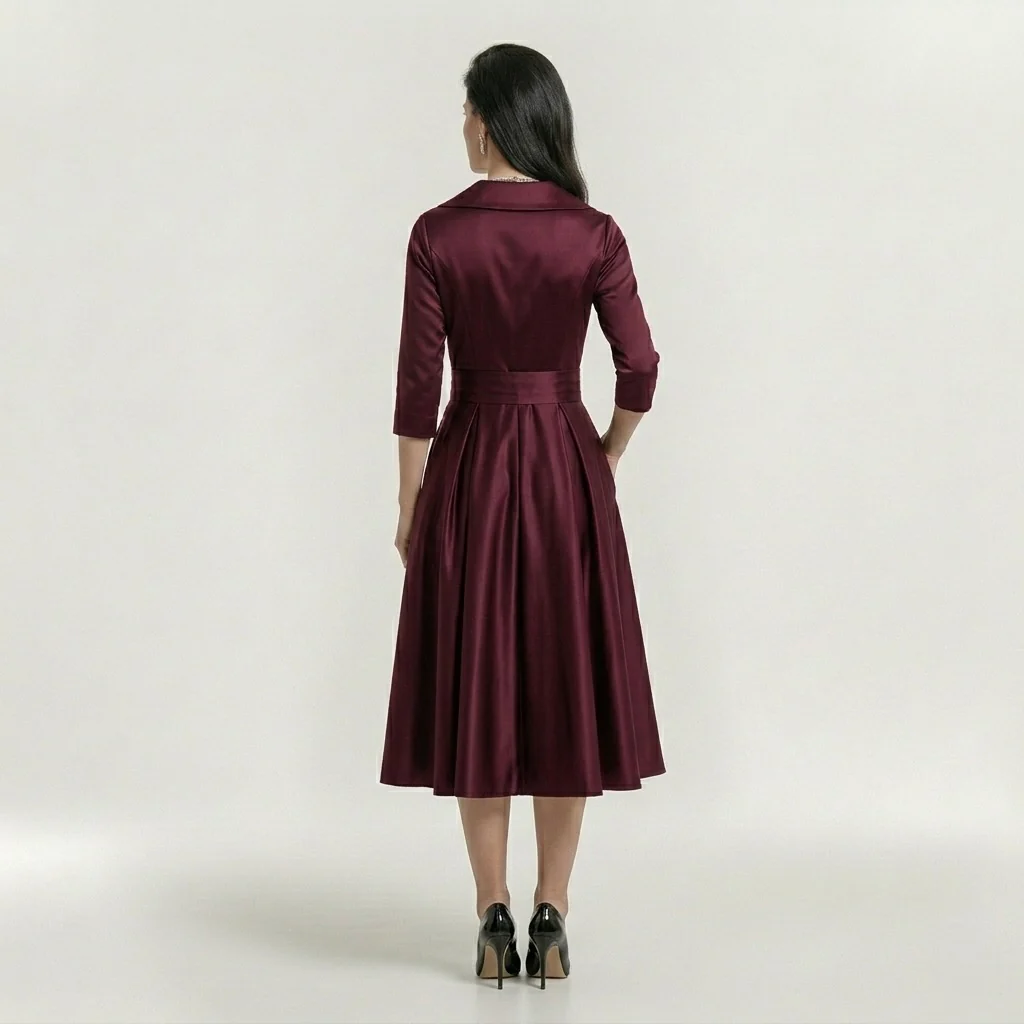 Abito Midi Elegante da Donna con Maniche Lunghe – Vestito Classico Svasato con Cintura - Image 12