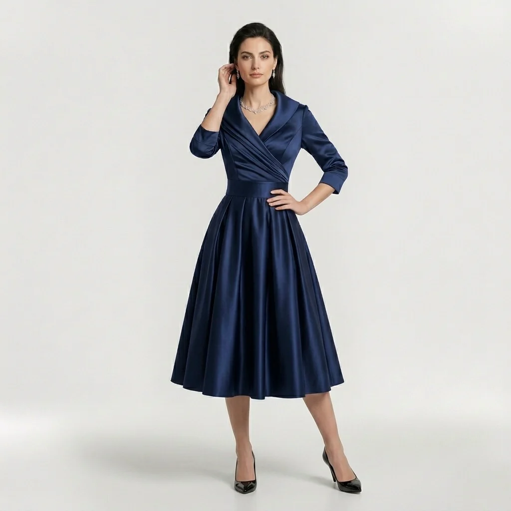 Abito Midi Elegante da Donna con Maniche Lunghe – Vestito Classico Svasato con Cintura - Image 2