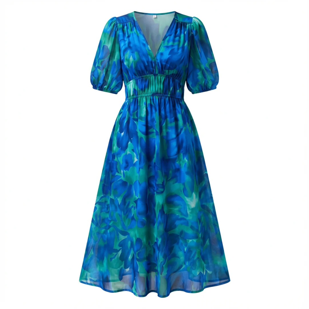 Abito Midi Stampato da Donna con Scollo a V, Maniche a 3/4 e Vita Arricciata - Image 4