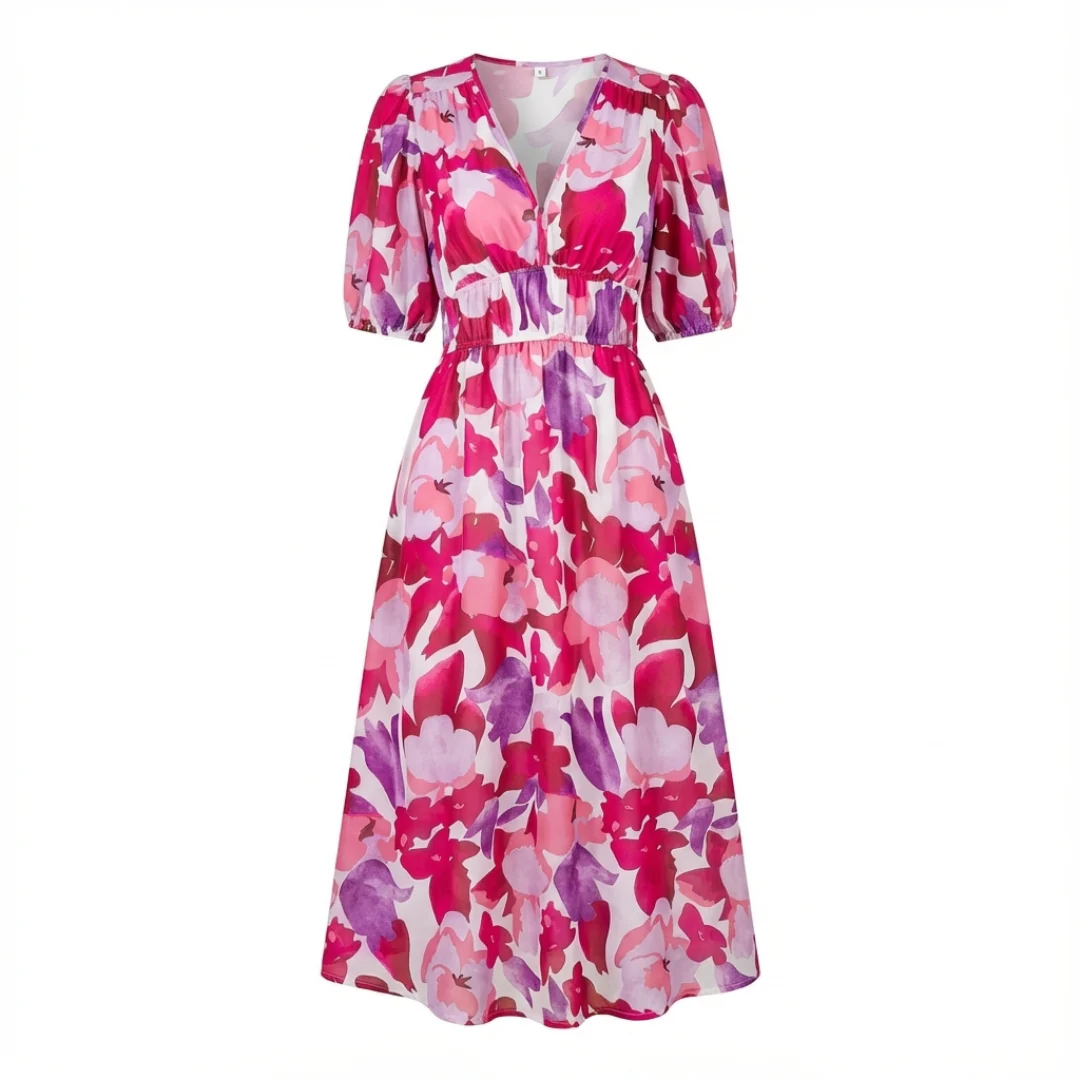 Abito Midi Stampato da Donna con Scollo a V, Maniche a 3/4 e Vita Arricciata - Image 6