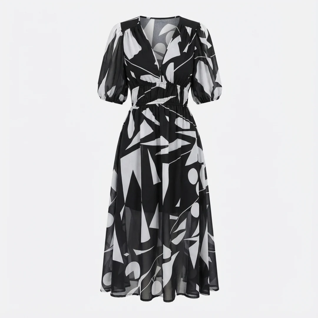 Abito Midi Stampato da Donna con Scollo a V, Maniche a 3/4 e Vita Arricciata - Image 8