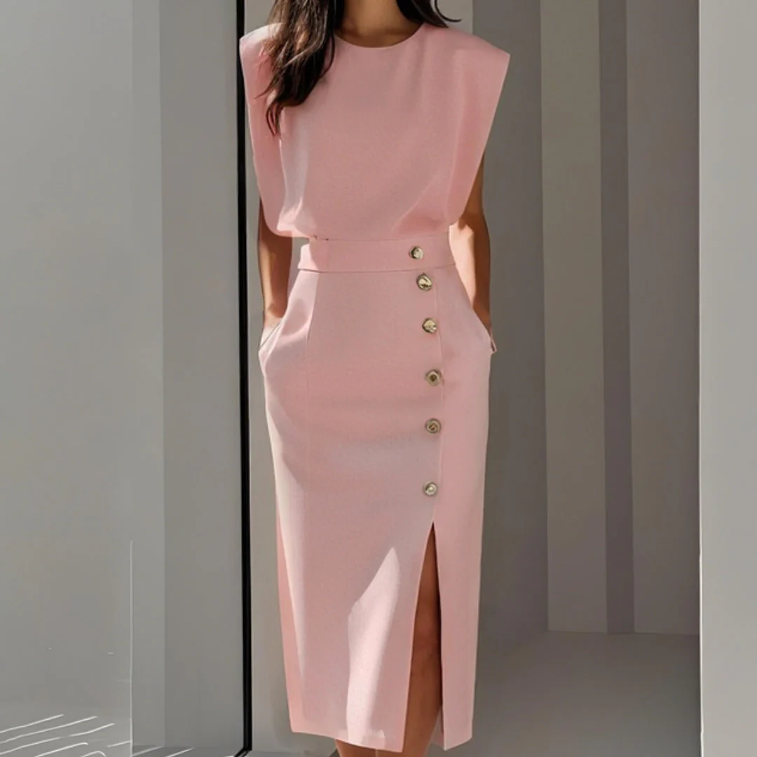 Andrea | Vestito Midi Aderente con Bottoni Donna Senza Maniche - Image 5
