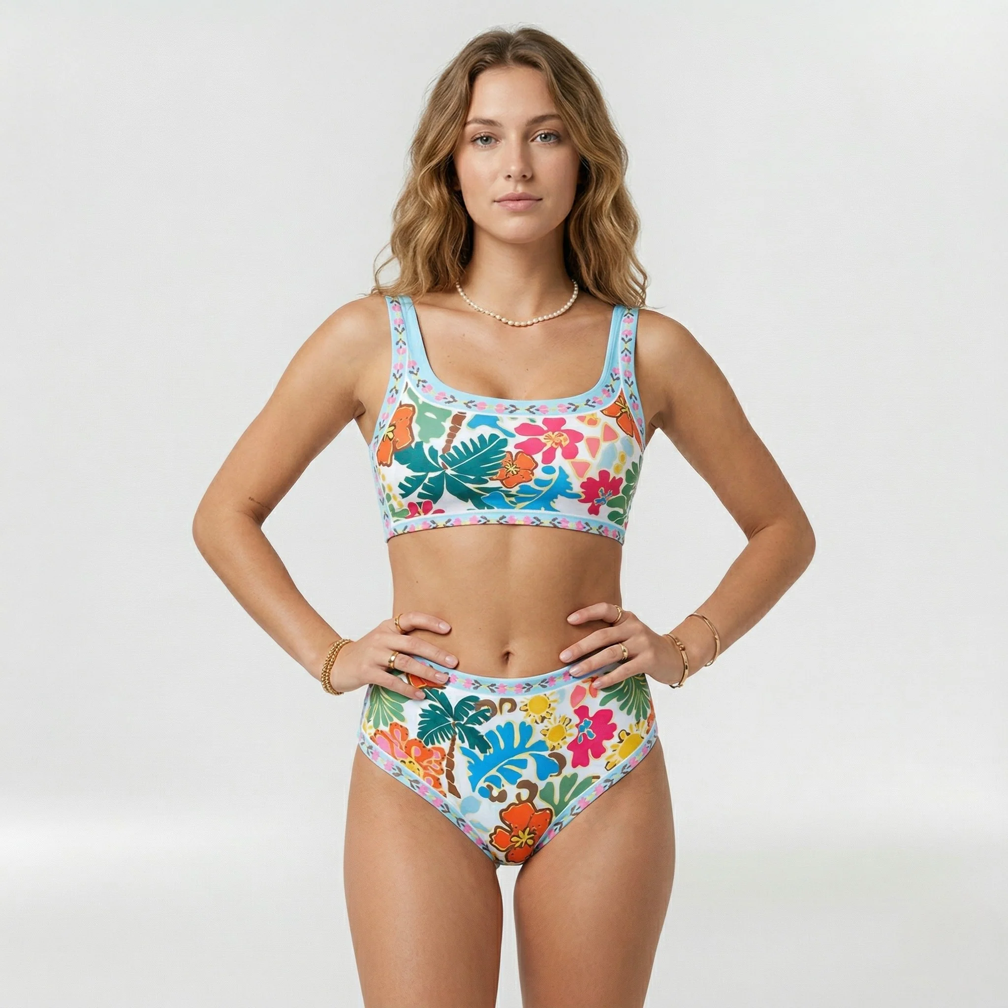 Bikini donna a vita alta con fiori colorati - Image 2
