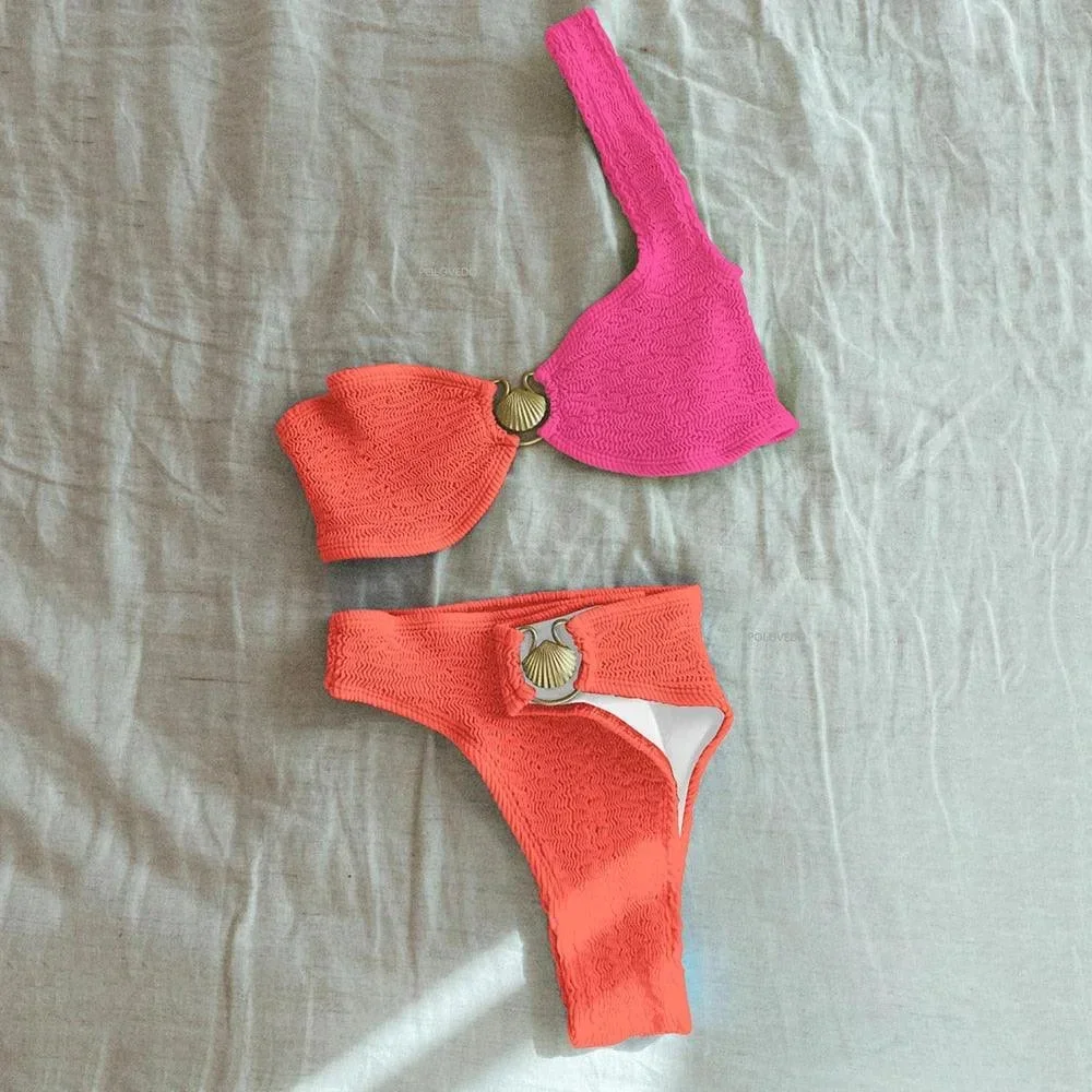 Bikini donna asimmetrico con finitura testurizzata e anello - Image 5
