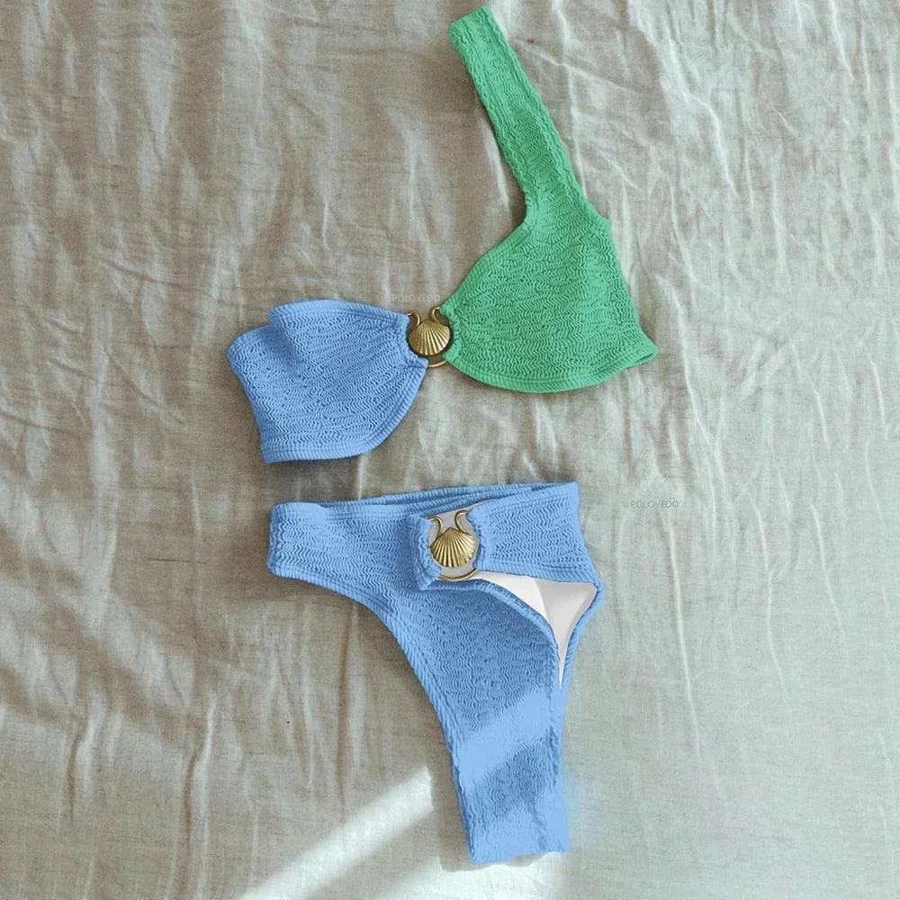 Bikini donna asimmetrico con finitura testurizzata e anello - Image 9