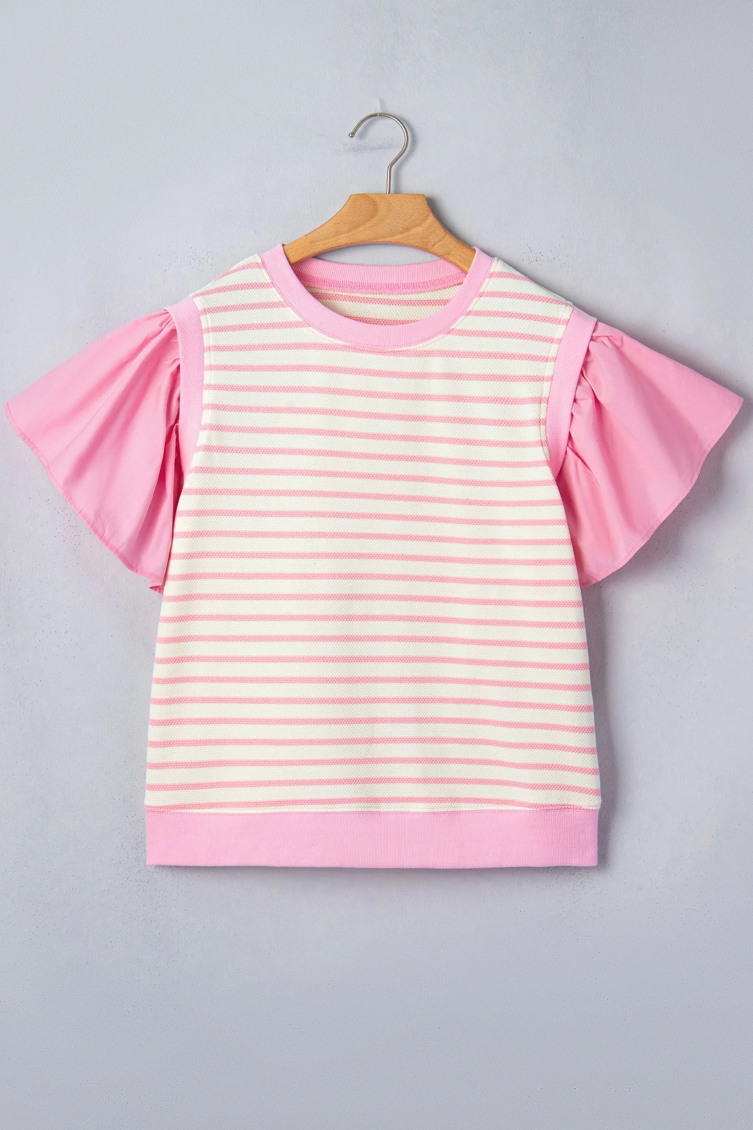 Blusa a Righe Rosa con Maniche Corte a Volant e Patchwork - Image 3