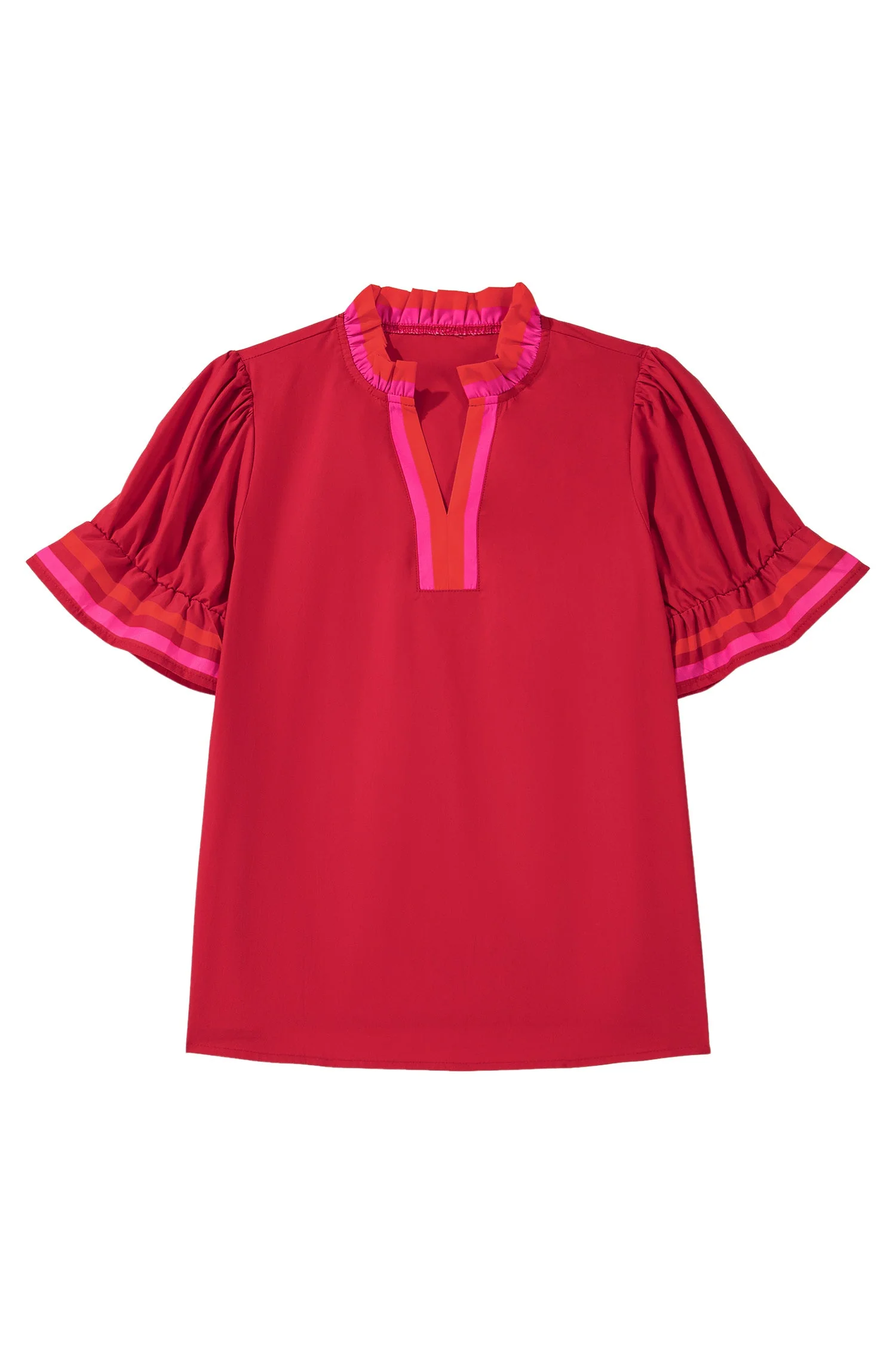 Blusa a righe rosso fuoco con colletto a volant e maniche corte arricciate - Image 16