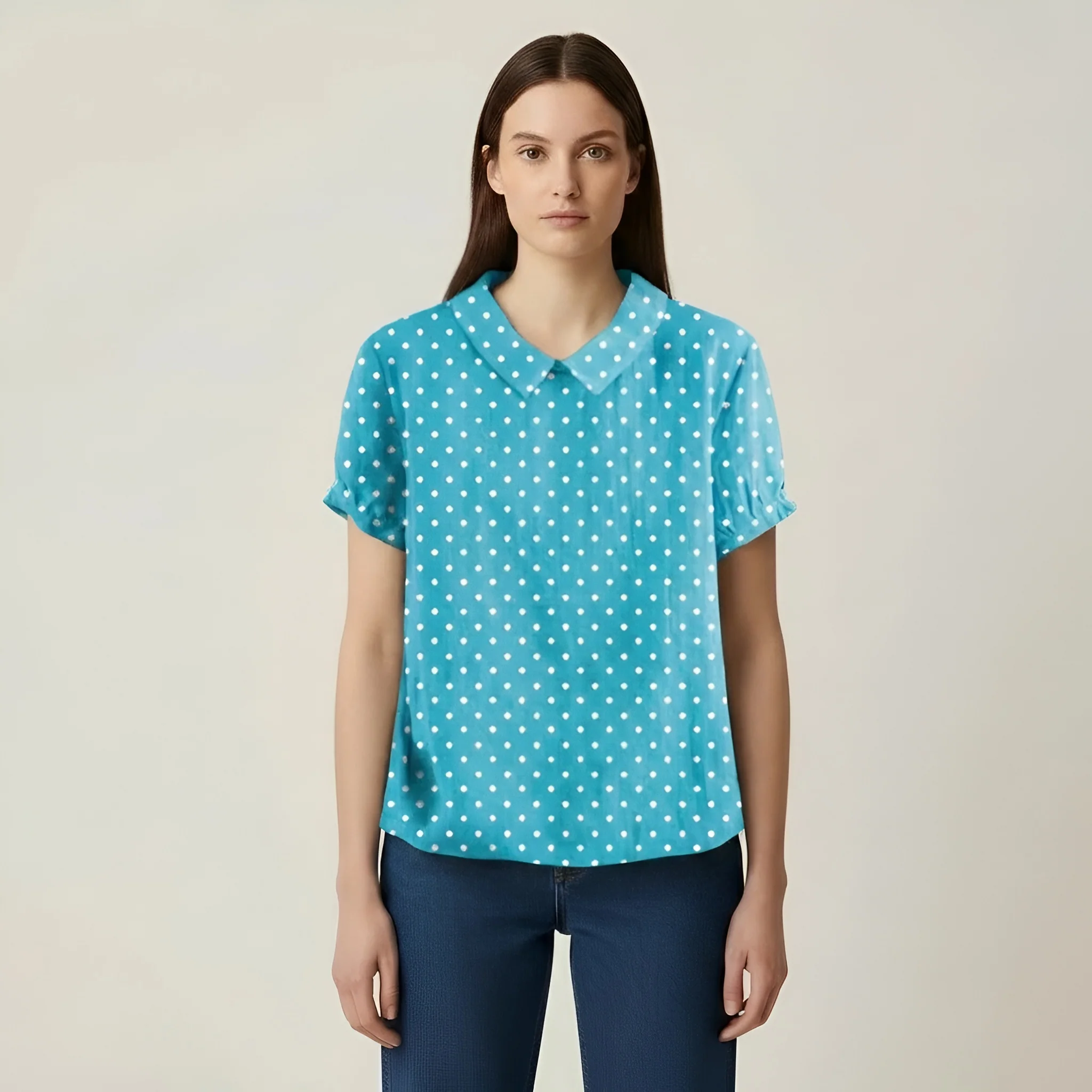 Blusa Donna a Pois Maniche Corte Camicia Casual Colletto Abbigliamento Donna