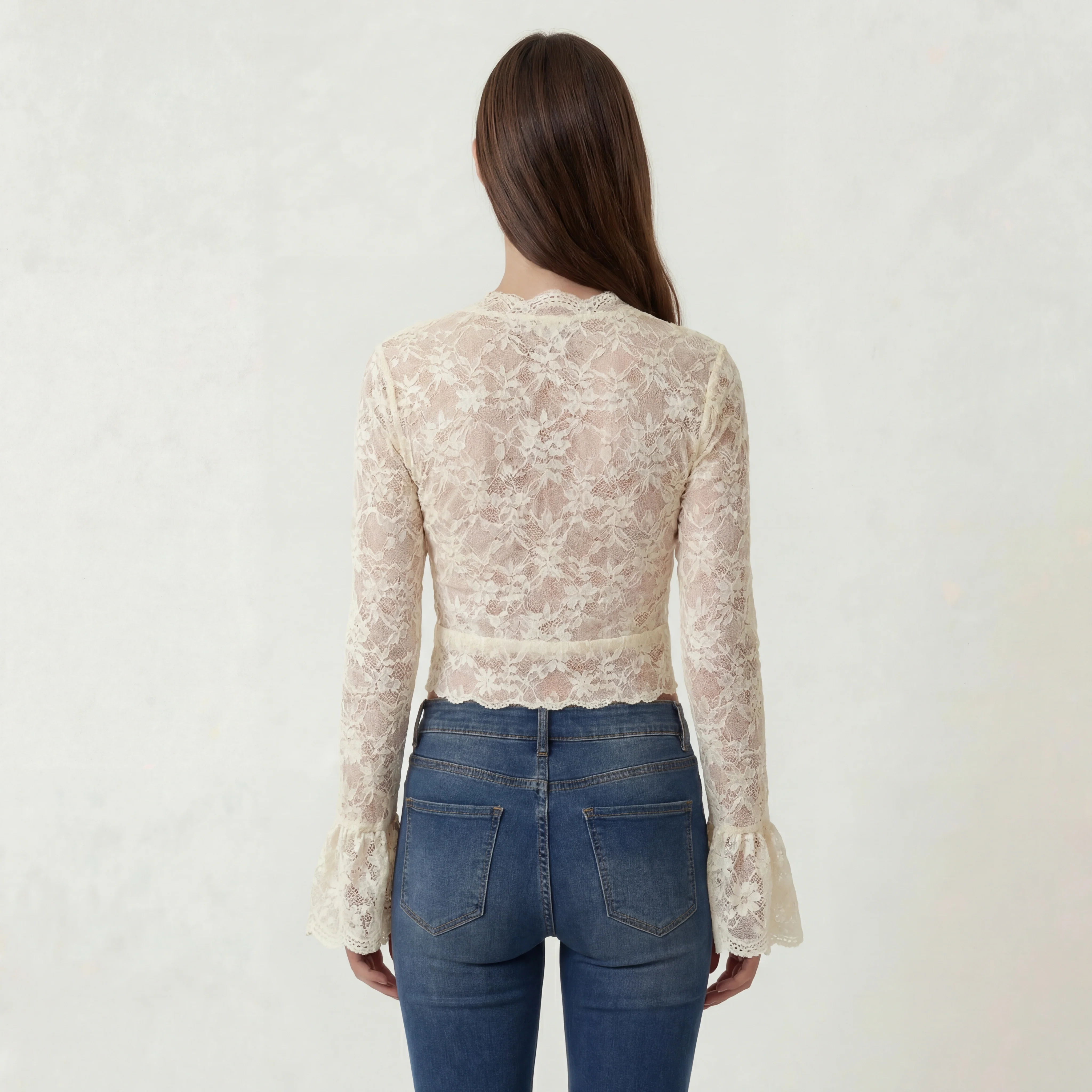 Blusa Donna in Pizzo Scollo a V Maniche Lunghe Top Elegante Slim Fit Casual - Image 3