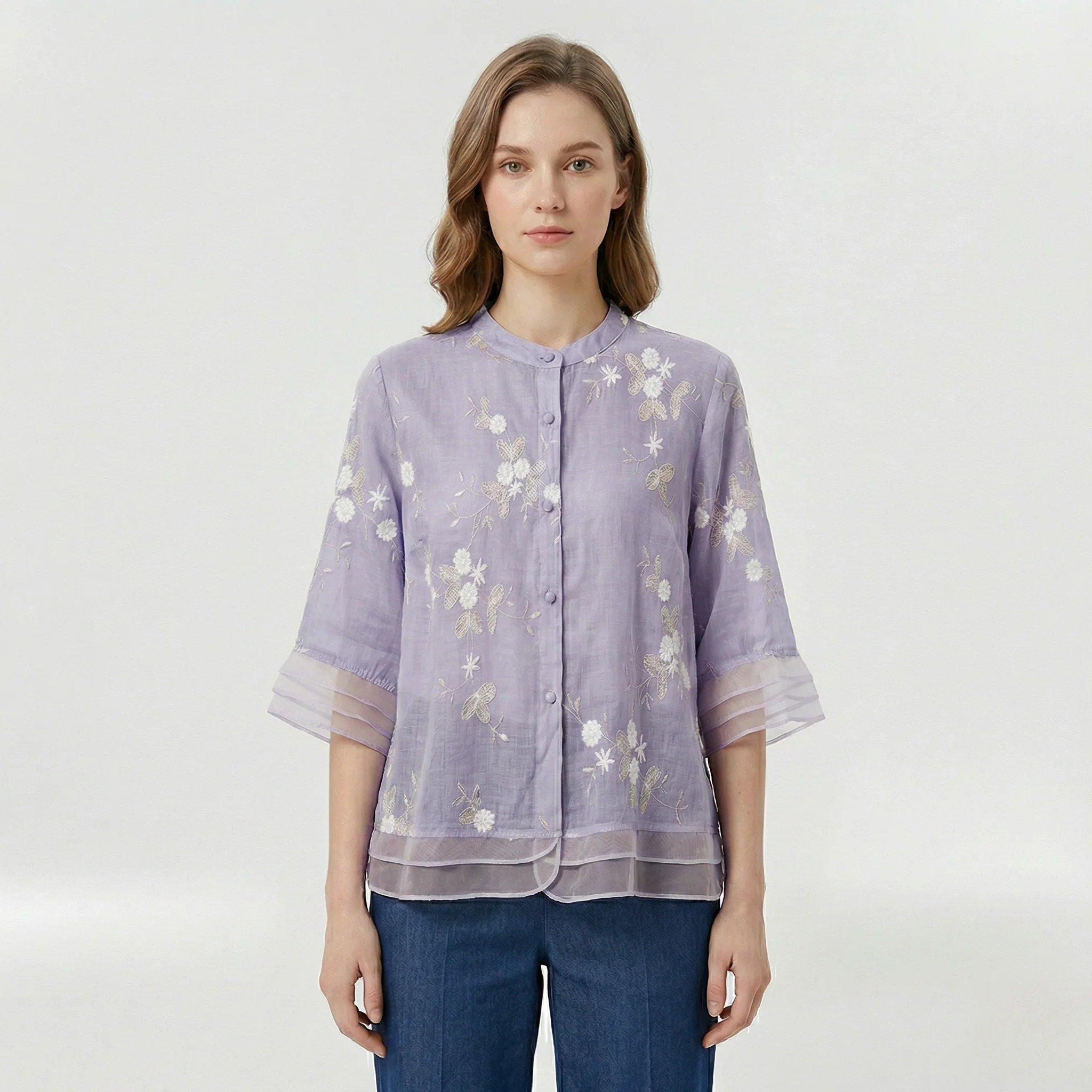 Blusa donna morbida con ricami floreali e colletto coreano casual - Image 3