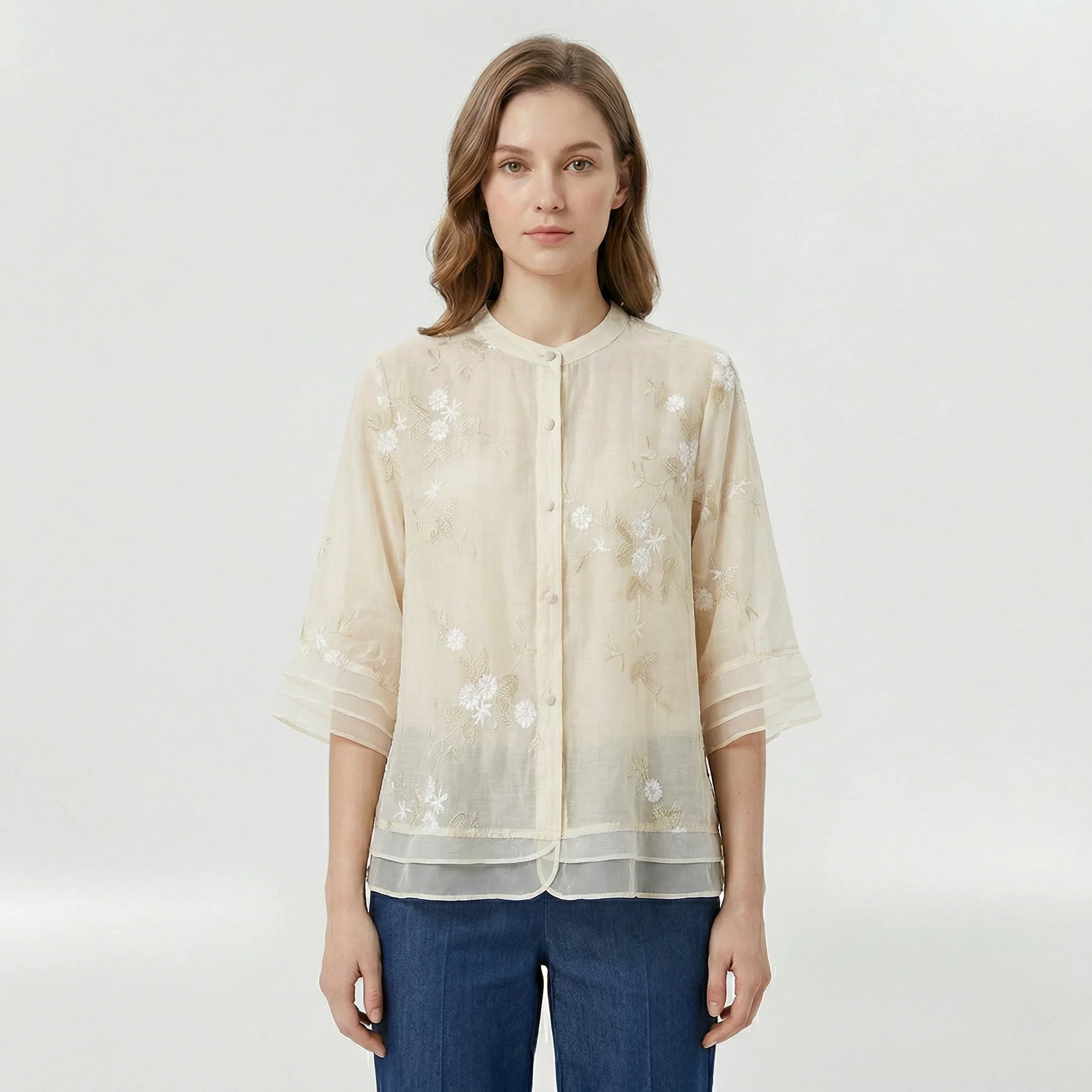 Blusa donna morbida con ricami floreali e colletto coreano casual - Image 4