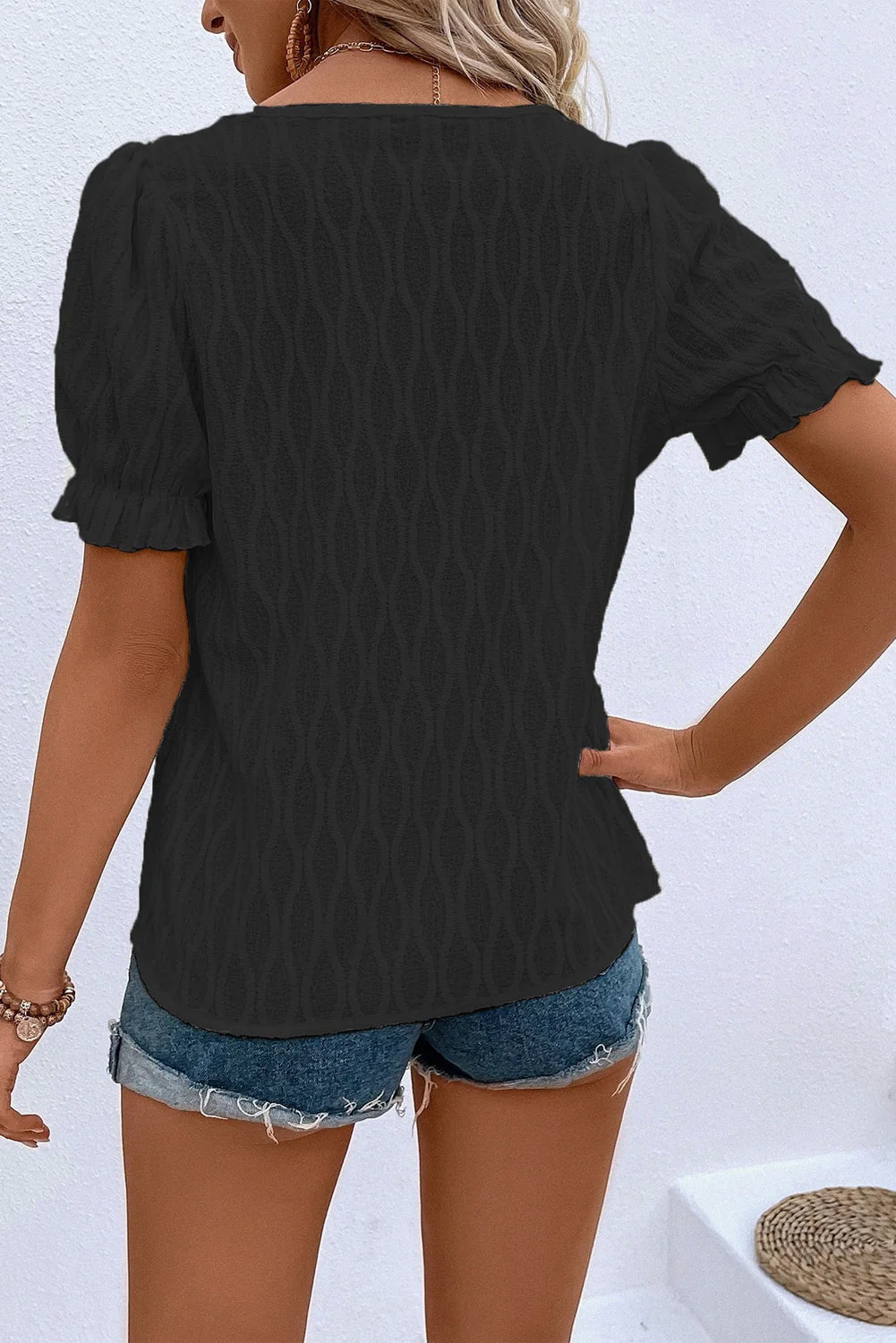 Blusa Testurizzata a Tinta Unita con Scollo a V e Maniche a Sbuffo - Image 2