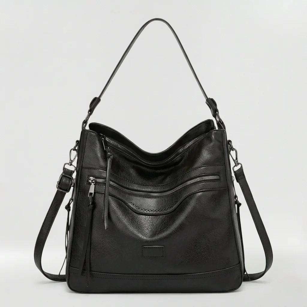 Borsa a spalla morbida da donna con zip e tasche frontali
