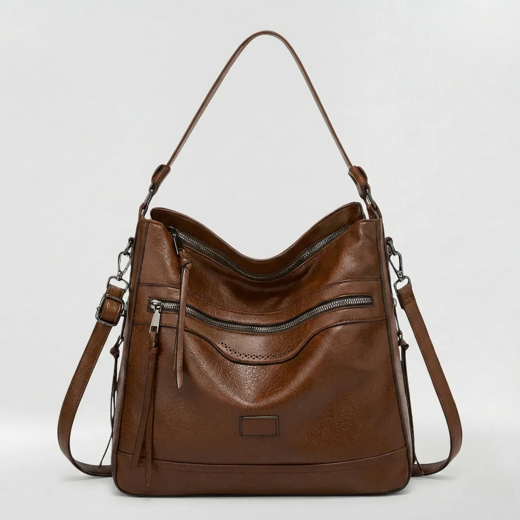 Borsa a spalla morbida da donna con zip e tasche frontali - Image 2