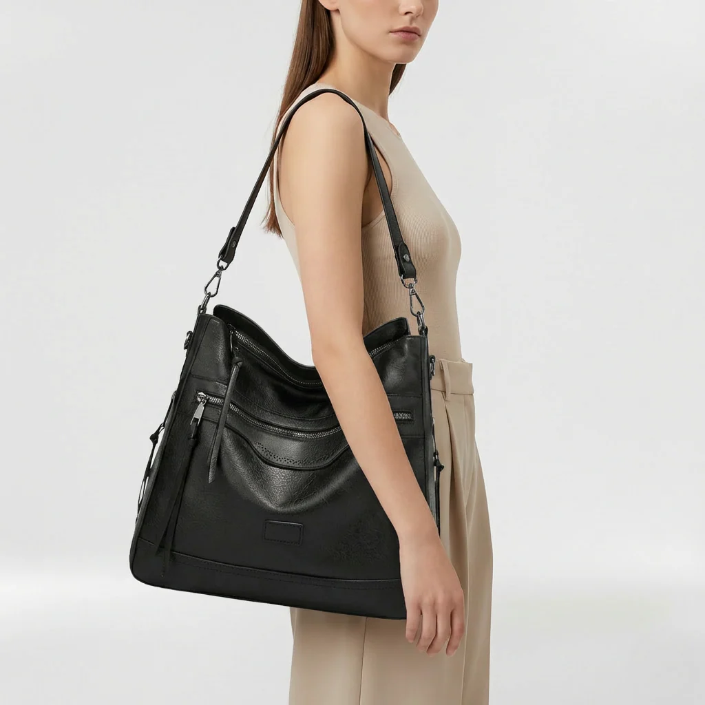Borsa a spalla morbida da donna con zip e tasche frontali - Image 5