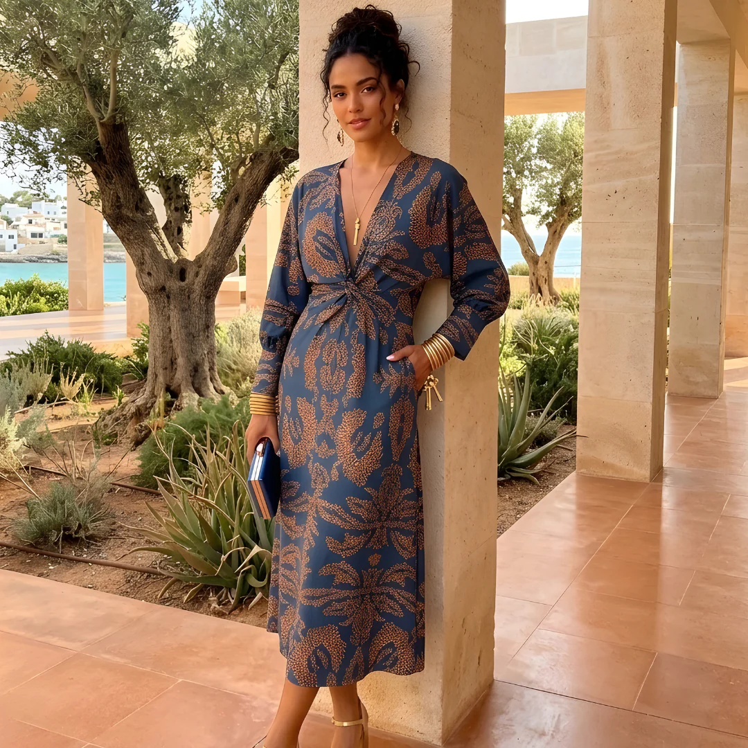 Carmen | Vestito Lungo Stampato Ospite di Nozze con Drappeggio