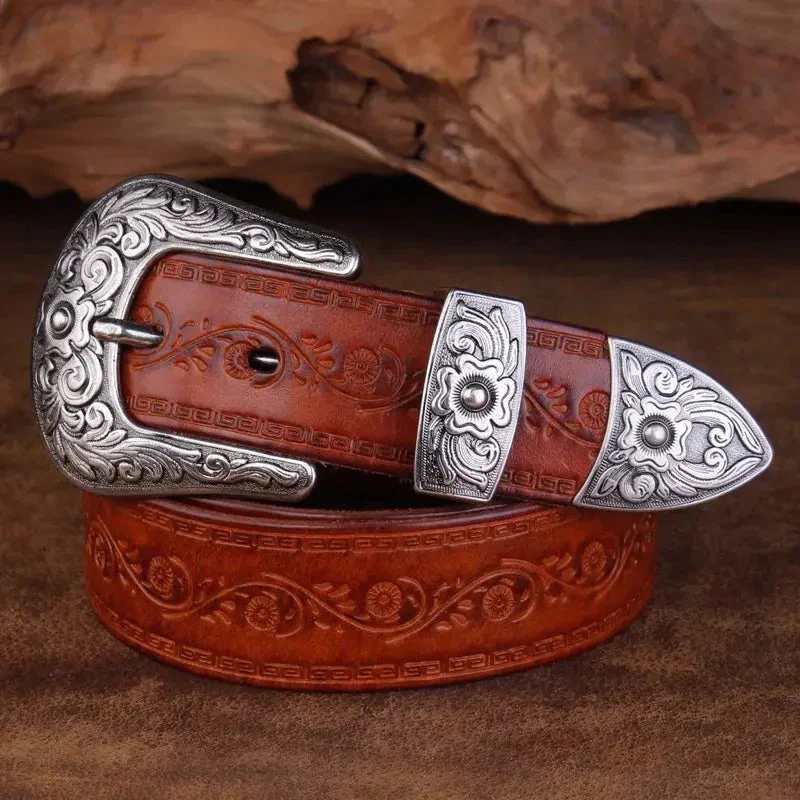 Cintura in pelle da uomo in stile western - Fibbia incisa, classico stile cowboy - Image 2