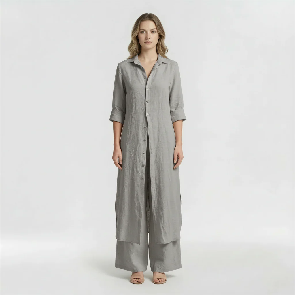 Completo Donna 2 Pezzi Camicia Lunga e Pantaloni in Cotone Set Casual Elegante - Image 4