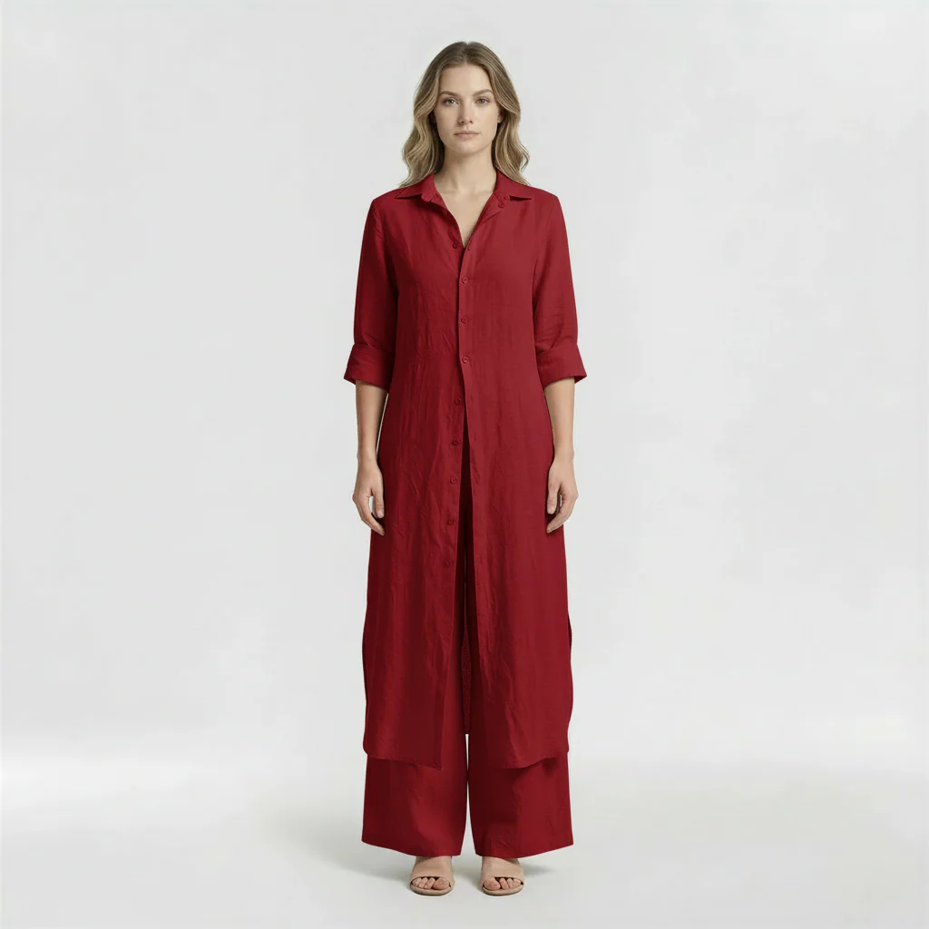 Completo Donna 2 Pezzi Camicia Lunga e Pantaloni in Cotone Set Casual Elegante - Image 6