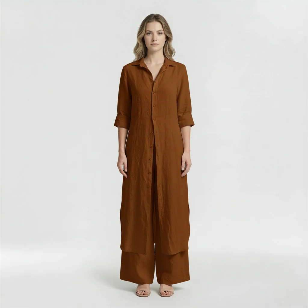 Completo Donna 2 Pezzi Camicia Lunga e Pantaloni in Cotone Set Casual Elegante - Image 7
