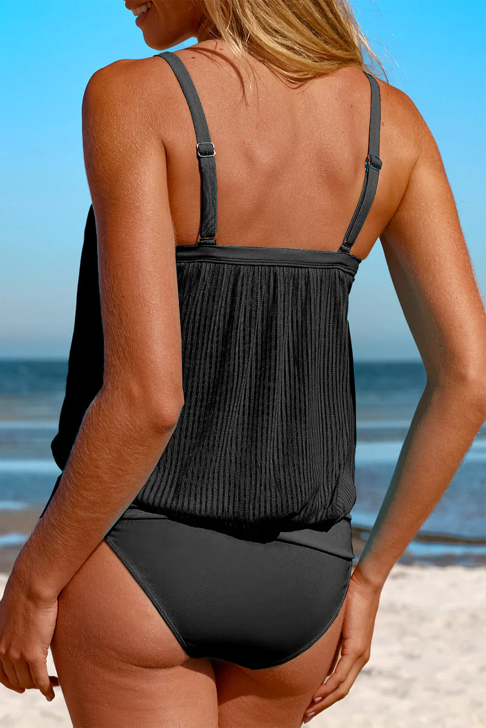 Costume da Bagno Tankini a Righe con Orlo Annodato e Mesh - Image 5