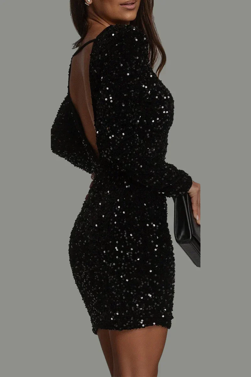 Elegante miniabito da donna con paillettes, maniche lunghe e schiena scoperta | Heidi-Mode - Image 6