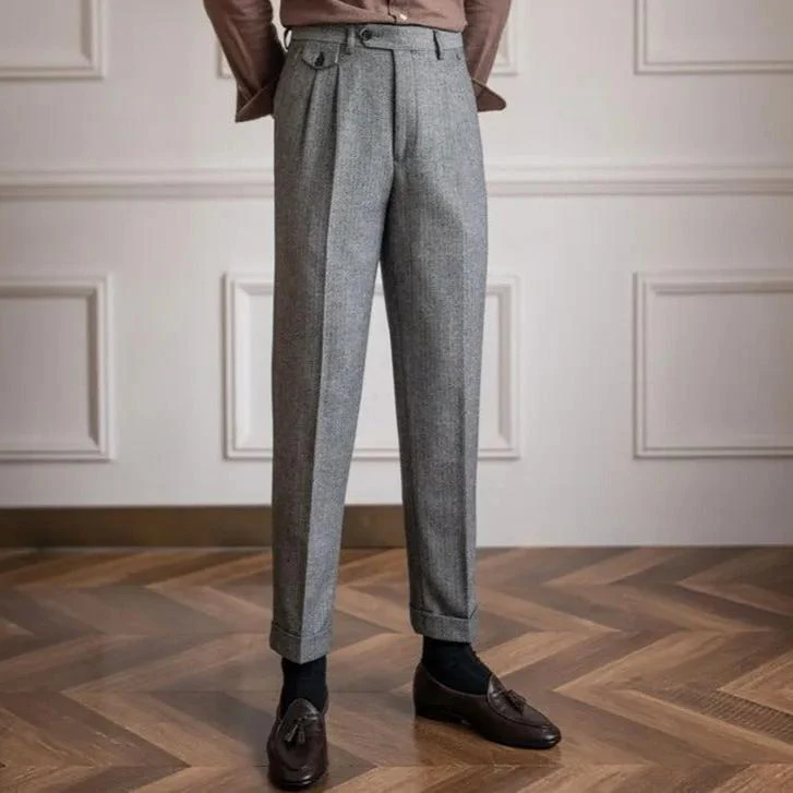 Elegante Pantalone Uomo Vita Alta Doppia Piega Gamba Dritta - Image 3