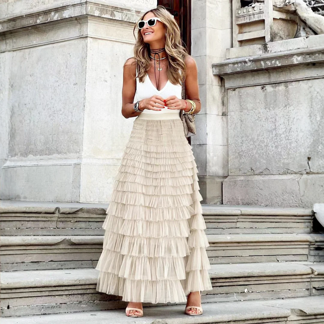 Gonna Lunga da Donna a Strati in Tulle a Vita Alta con Volant | Maxi - Image 16