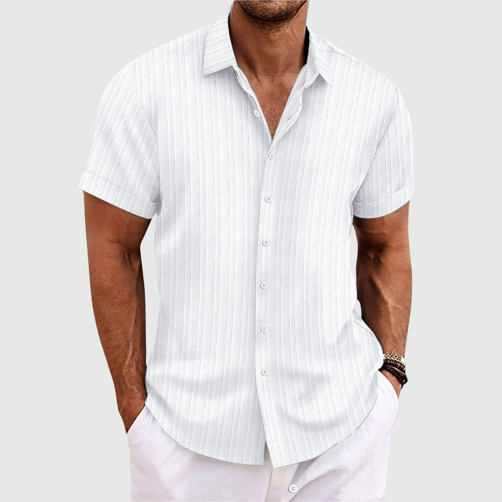 Camicia da uomo a righe a maniche corte con colletto classico - Image 2