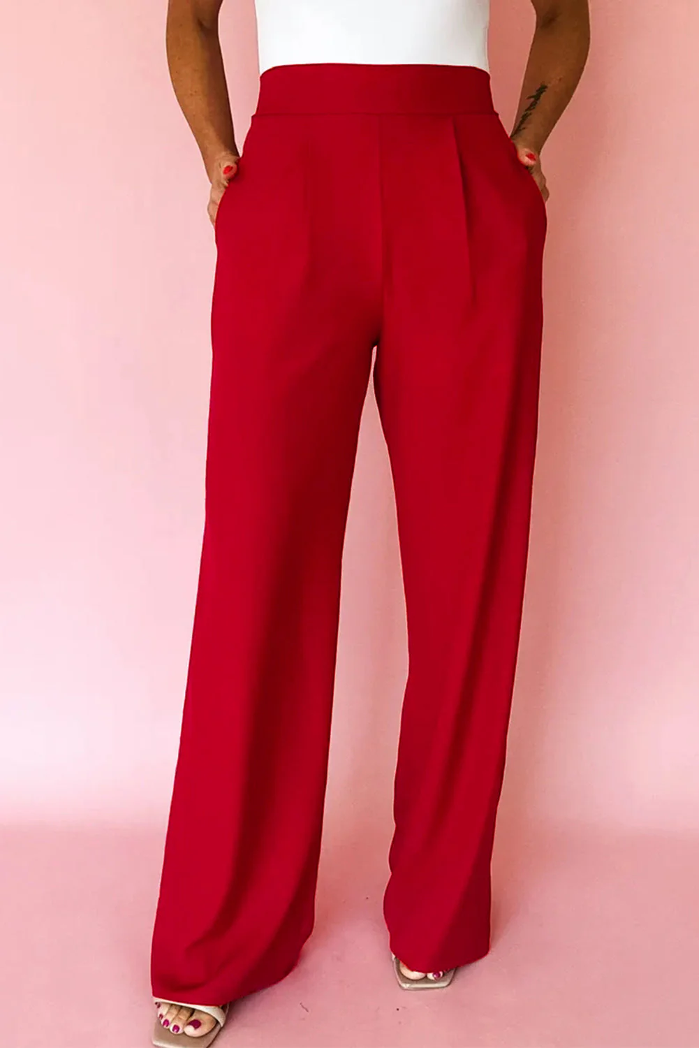 Pantaloni a Gamba Dritta con Dettagli Pieghettati e Vita Alta Elastica - Image 5