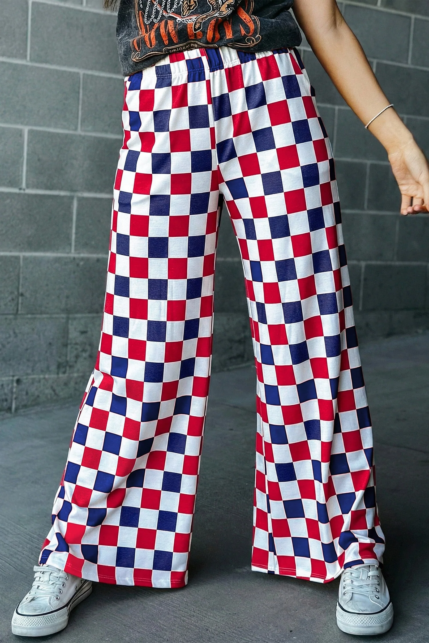 Pantaloni a Gamba Larga a Vita Alta con Stampa a Scacchi Bicolore - Image 2