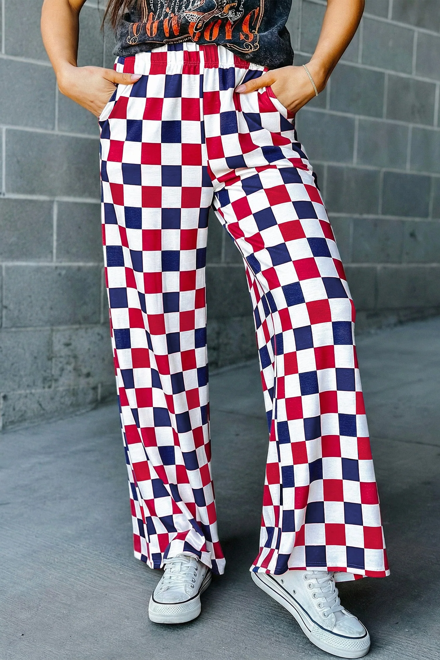 Pantaloni a Gamba Larga a Vita Alta con Stampa a Scacchi Bicolore - Image 3