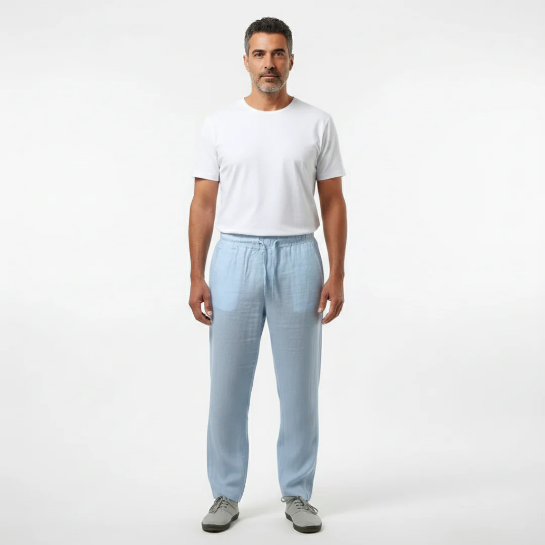 Pantaloni in lino da uomo con vita elastica e gamba dritta