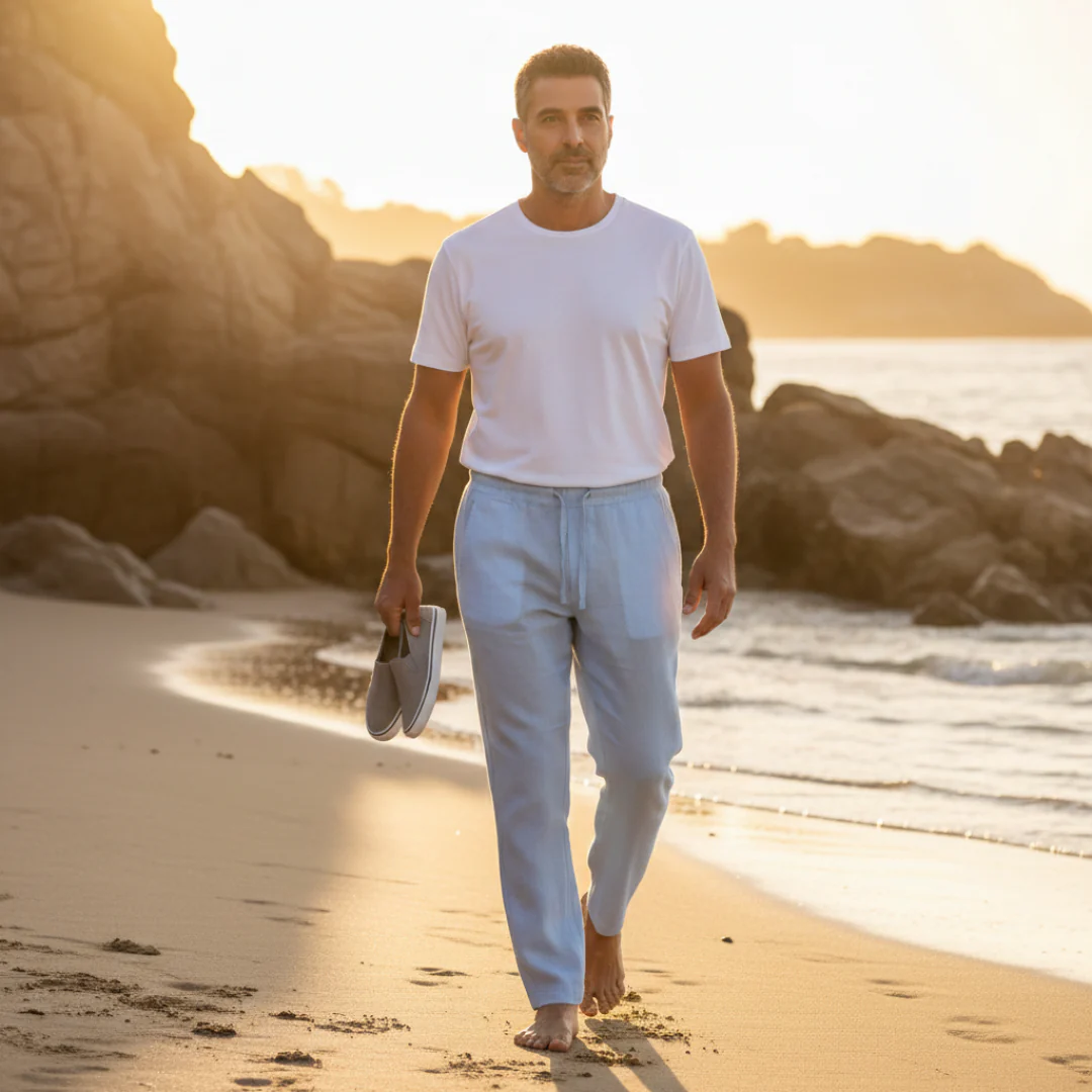 Pantaloni in lino da uomo con vita elastica e gamba dritta - Image 2