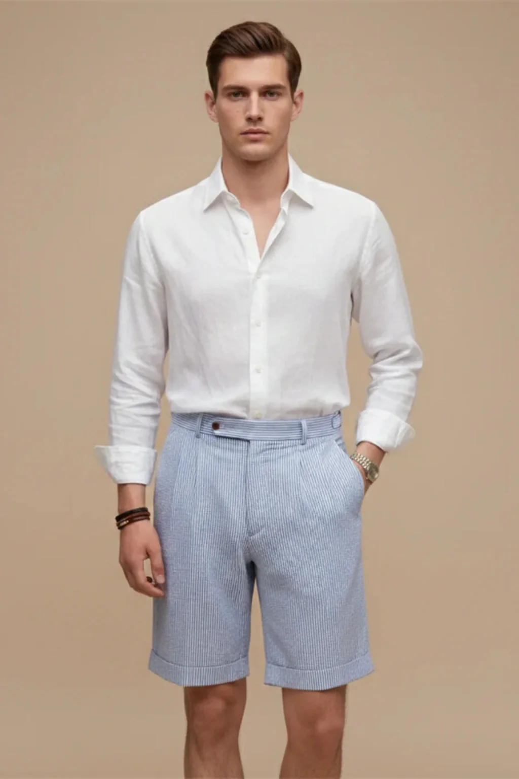 Scott | Pantaloncini Chino da Uomo a Vita Alta con Righe Seersucker e Risvolto - Image 2