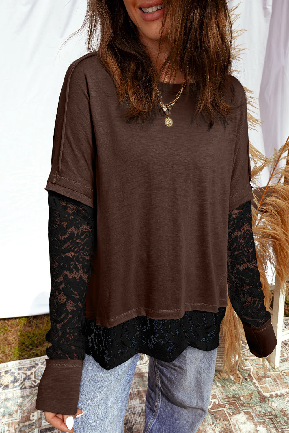 T-shirt casual a maniche lunghe con inserti in pizzo trasparente - Image 4