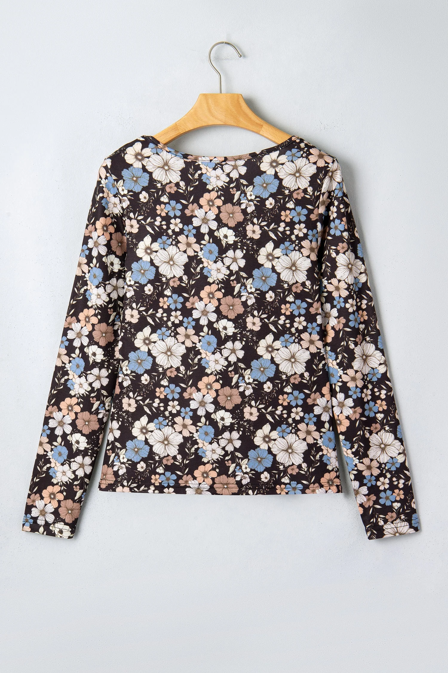 T-shirt Slim a Maniche Lunghe con Stampa Floreale Nera - Image 5