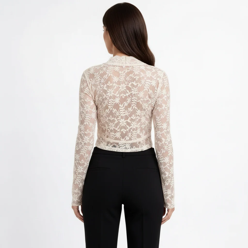 Top in pizzo a maniche lunghe da donna con scollo profondo - Image 3
