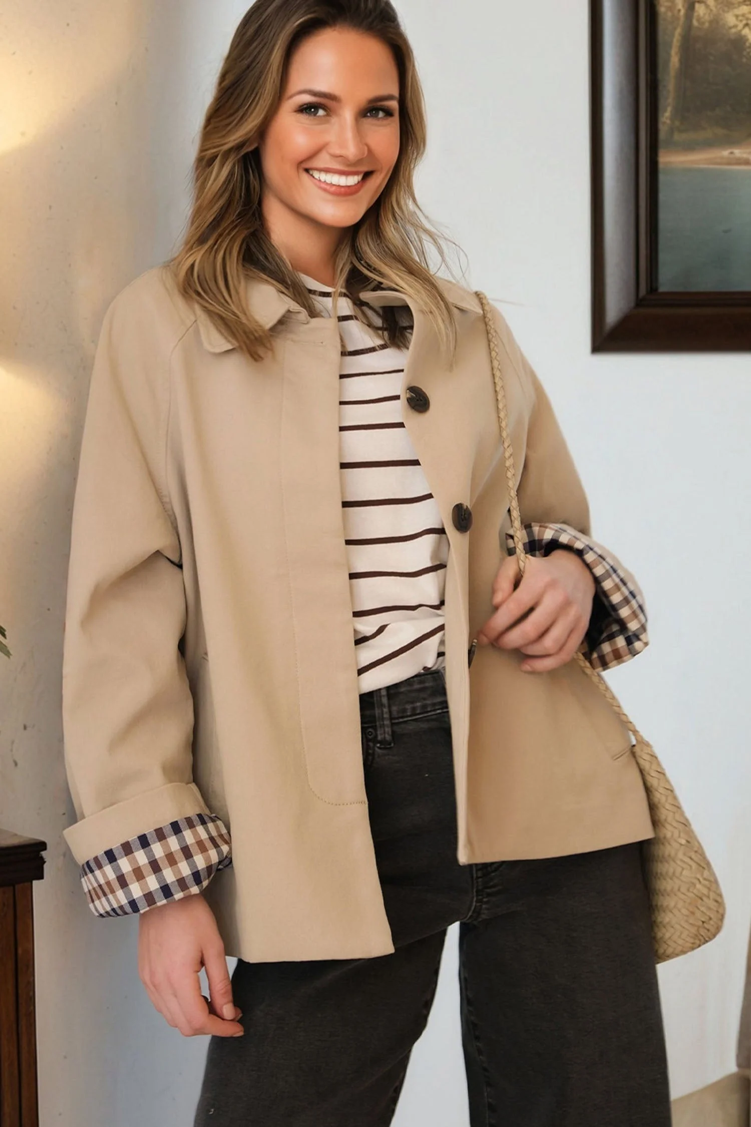 Trench Monopetto con Fodera a Quadri e Dettagli Patchwork - Image 3