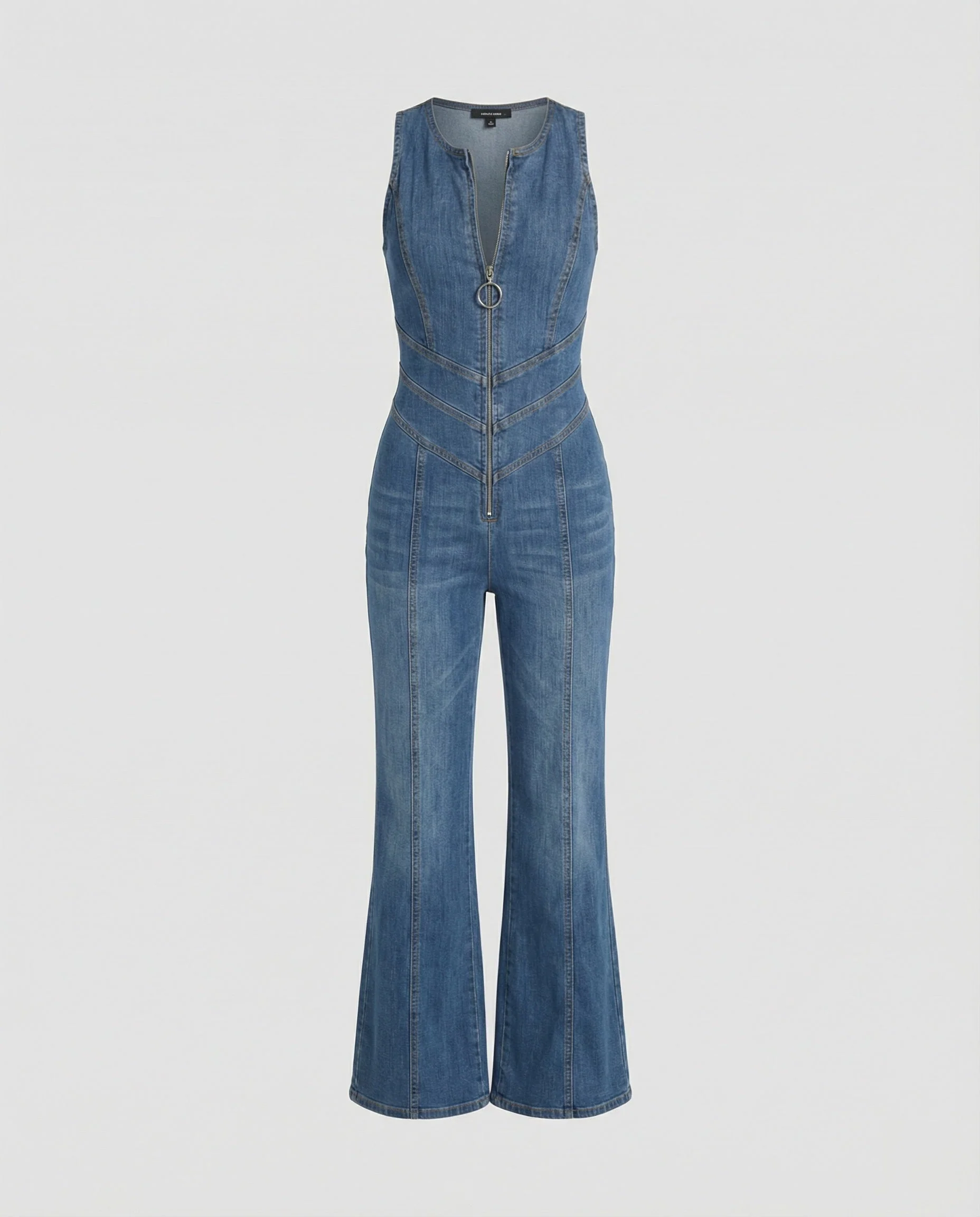 Tuta in denim da donna, scollatura a cuore sulla schiena, senza maniche, vita segnata, intera - Image 2